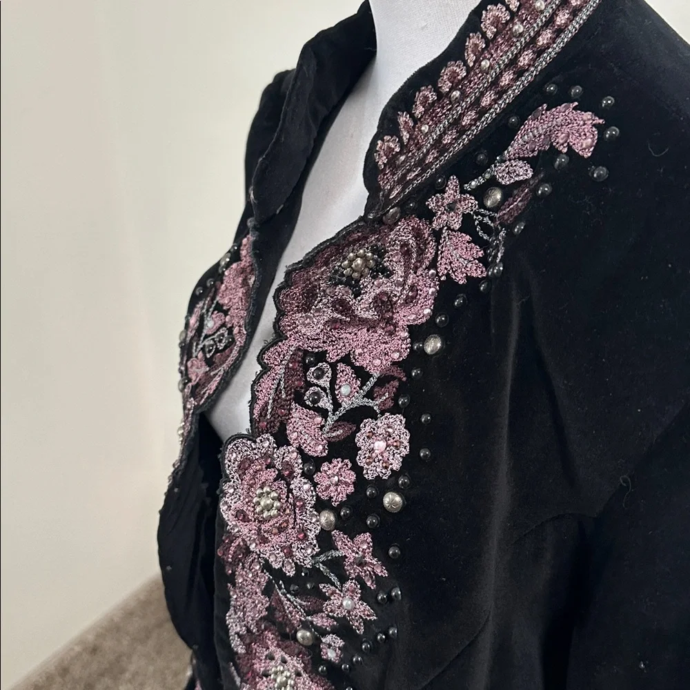 Bandolino Black Velvet Jacket with Pink Floral Embroidery - Picture 2 of 5